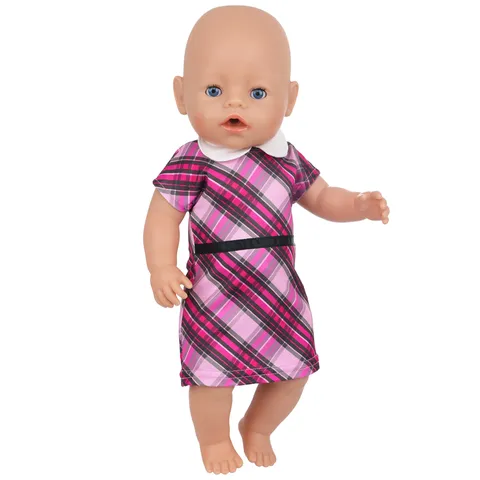 Plaid Doll Dress Peter Pan Collar Summer Short Sleeve Princess Shirt Dress For Baby Doll Toy Outfit Clothing Accessories