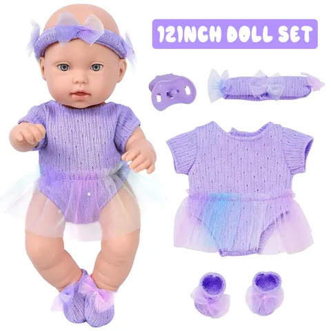 Lifelike Reborn Baby Doll Toy Vinyl Realistic Newborn Girl Doll With Purple Knit Dress Accessories Kids Soothing Gift