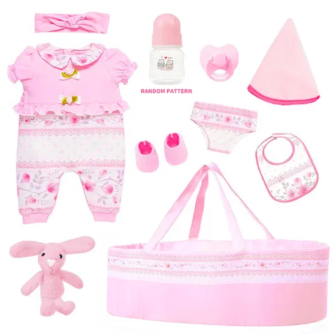 Pink Doll Sleeping Basket Set Fabric Toy Clothes Jumpsuit Pacifier Feeding Bottle Accessories Combo Fits 18 Inch American Girl Dolls Sweet Play Accessories For Kids