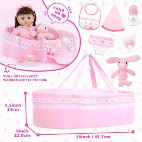 Pink Doll Sleeping Basket Set Fabric Toy Clothes Jumpsuit Pacifier Feeding Bottle Accessories Combo Fits 18 Inch American Girl Dolls Sweet Play Accessories For Kids