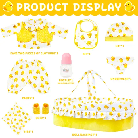 Cute Cartoon Yellow Duck Print Doll Clothes And Sleeping Basket Set For 18 Inch Dolls Fabric Pretend Play Reborn Baby Doll Accessories Set