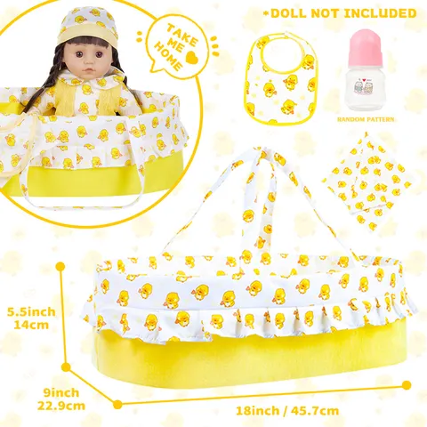 Cute Cartoon Yellow Duck Print Doll Clothes And Sleeping Basket Set For 18 Inch Dolls Fabric Pretend Play Reborn Baby Doll Accessories Set