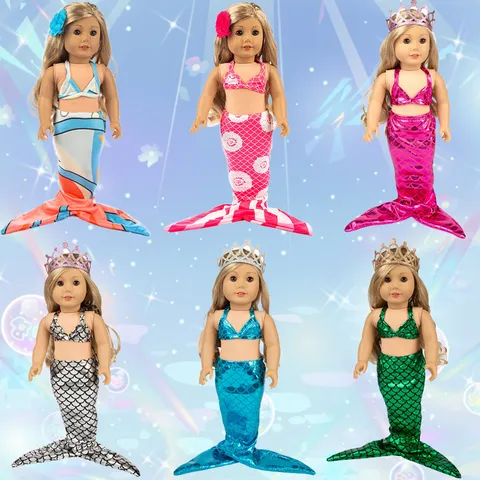 Vêtements de Poupée Sirène Bikini Maillot de Bain Jupe Sirène Couronne Tissu Paillettes Tenues Mignonnes Pour Poupées American Girl