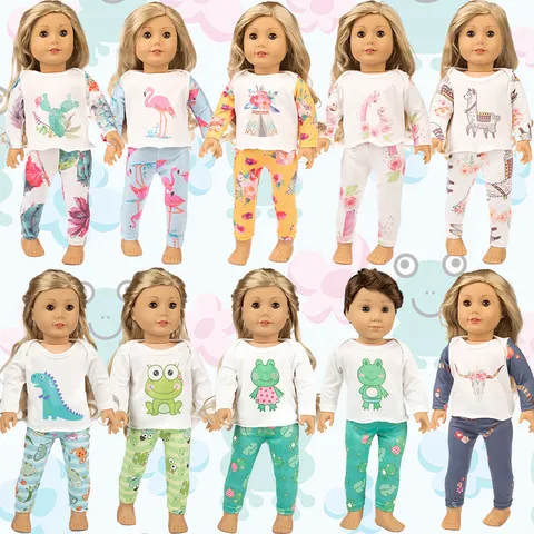 Doll Clothes For 18 Inch American Girl Dolls 45cm Doll Clothing Set Autumn Spring Long Sleeve Top And Pants Cartoon Print Outfits For Kids Gift