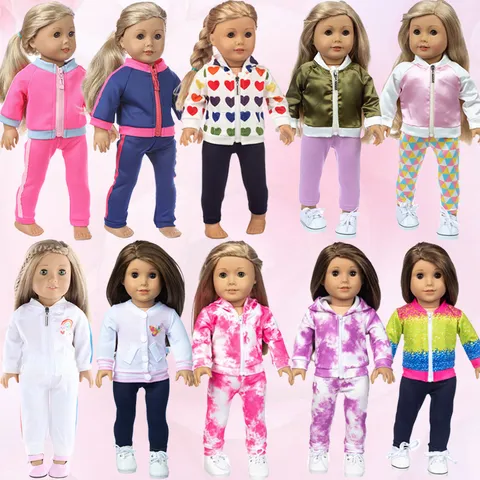 Casual Doll Clothes Sporty Tracksuit Printed Hoodie Jacket And Pants Set For 18 Inch Doll Change Outfits Accessories