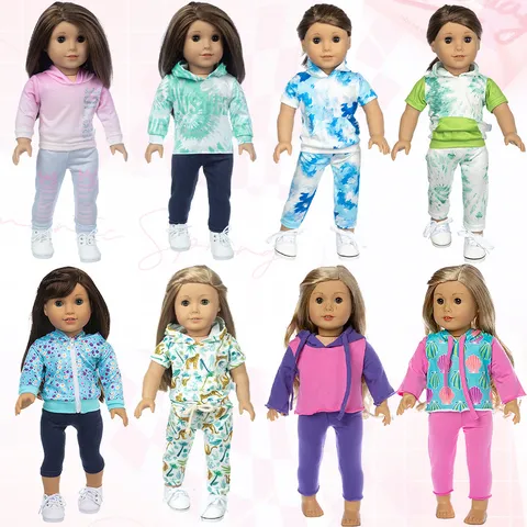 Casual Doll Clothes Sporty Tracksuit Printed Hoodie Jacket And Pants Set For 18 Inch Doll Change Outfits Accessories