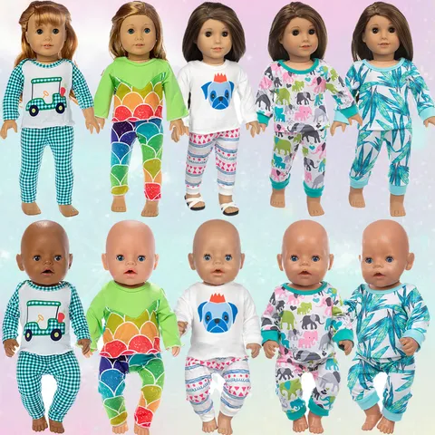 Doll Clothes For 18 Inch American Girl Dolls 45cm Doll Clothing Set Autumn Spring Long Sleeve Top And Pants Cartoon Print Outfits For Kids Gift