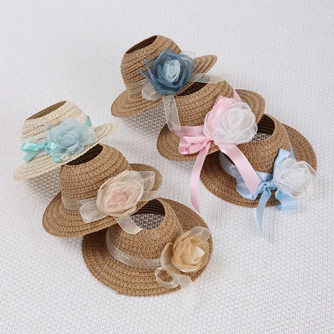 Mini Braided Bamboo Straw Hat For Doll Accessories French Style Flower Decoration Sun Hat Small Camellia Doll Clothing Hat