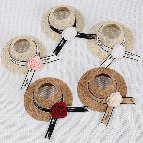 Mini Braided Bamboo Straw Hat For Doll Accessories French Style Flower Decoration Sun Hat Small Camellia Doll Clothing Hat