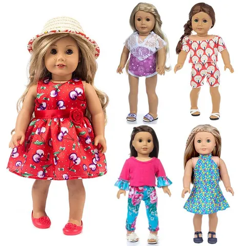 Vêtements De Poupée En Tissu Robe Florale D'Été Avec Chapeau De Paille Pour 18 Accessoires De Poupée Mignons Imprimés