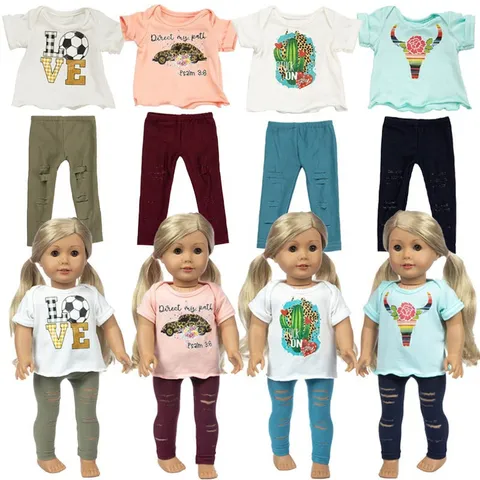 18 Inch Doll Clothes Set T-Shirt And Ripped Pants For 45cm American Girl Dolls Fabric Doll Outfit Accessories Children Toys