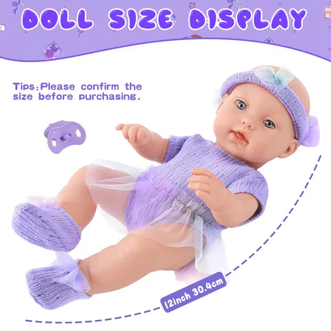 Lifelike Reborn Baby Doll Toy Vinyl Realistic Newborn Girl Doll With Purple Knit Dress Accessories Kids Soothing Gift