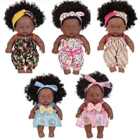 8 Inch African Black Reborn Baby Doll 20cm Realistic Vinyl Doll With Curls Fashion Clothes Headband Cute Newborn Doll Toy Gift For Kids