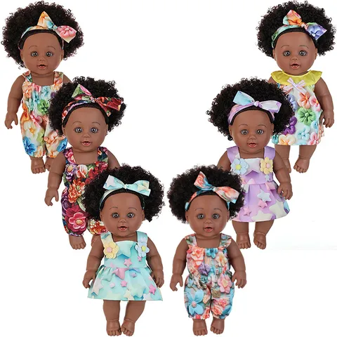 African Black Girl Doll With Afro Hair Exotic Vinyl Soft Rubber Baby Princess Dress Dolls Toy Gift For Kids Display Collection
