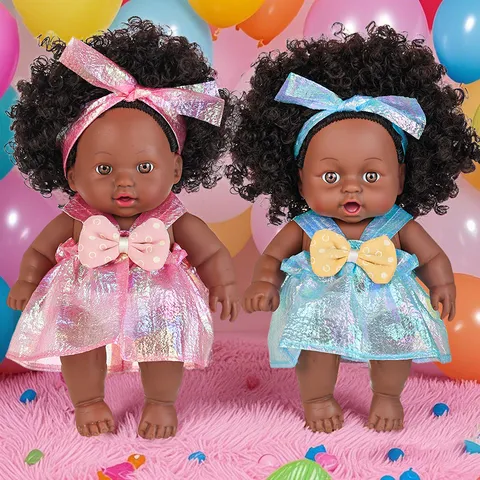 8 Inch African Black Reborn Baby Doll 20cm Realistic Vinyl Doll With Curls Fashion Clothes Headband Cute Newborn Doll Toy Gift For Kids