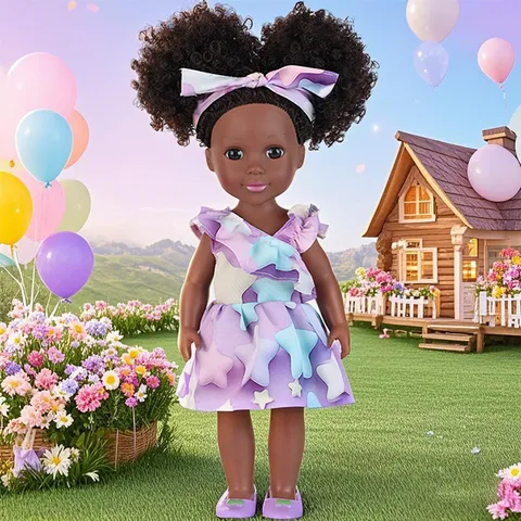 Realistic African Baby Doll With Curly Hair Fashionable Floral Starry Dress For Children Role Play Game Creative Birthday Gift