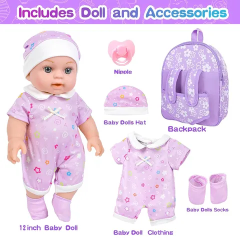 Reborn Babypuppe Mit Blumenrucksack Mode Anziehpuppe Set Mit Zubehör Für Kinder Rollenspiel Spielzeug Lila Blumenstil