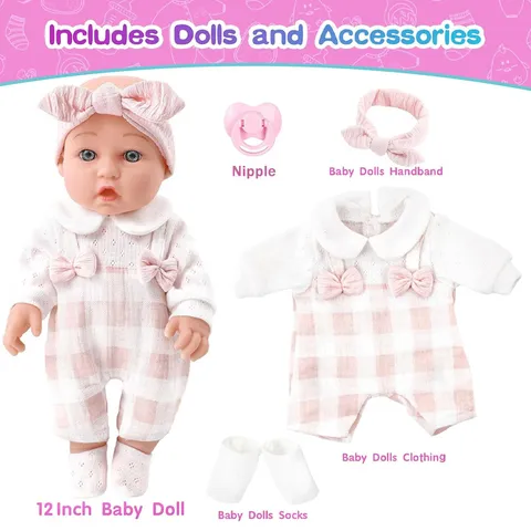 Realistische Reborn Babypuppe Vinyl Simulation Säuglingspuppe Mit Karomuster Kleidung Stirnband Schnuller Socken Zubehör Kinder Geschenk