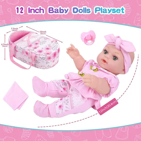 Realistic Vinyl Reborn Baby Doll Playset With Basket Cradle Infant Toy Set Pink Clothing Accessories Kids Gift