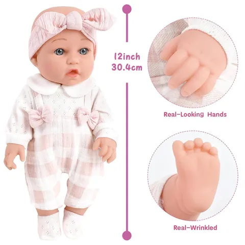 Realistische Reborn Babypuppe Vinyl Simulation Säuglingspuppe Mit Karomuster Kleidung Stirnband Schnuller Socken Zubehör Kinder Geschenk