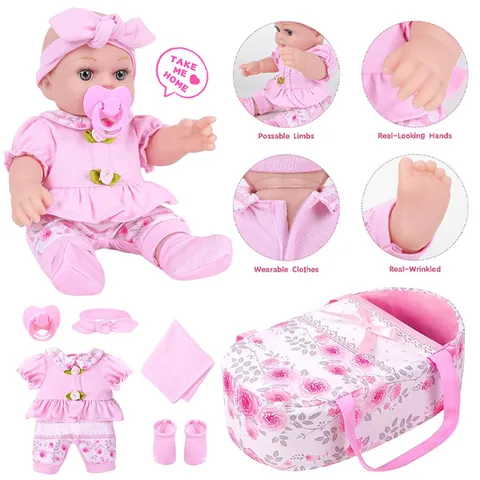 Realistic Vinyl Reborn Baby Doll Playset With Basket Cradle Infant Toy Set Pink Clothing Accessories Kids Gift