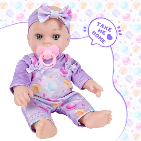 Cute Vinyl Reborn Baby Doll Simulation Newborn Baby Doll with Purple Romper Clothes Kids Companion Gift