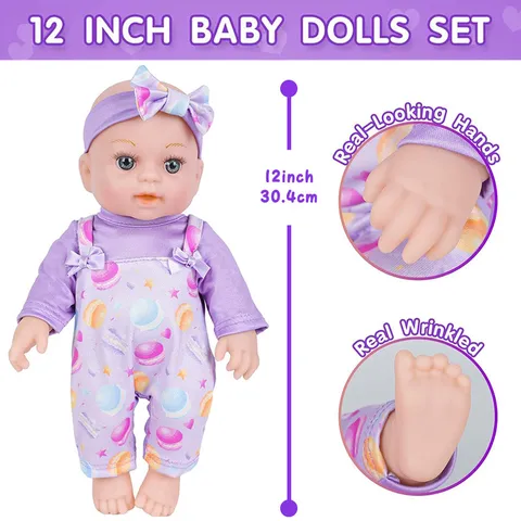 Cute Vinyl Reborn Baby Doll Simulation Newborn Baby Doll with Purple Romper Clothes Kids Companion Gift