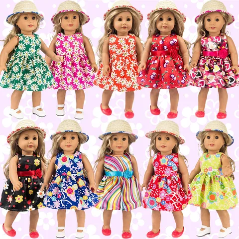 Pastoral Summer Fabric Doll Clothes Floral Dress With Straw Hat Set Cute Straw Hat Outfit For American Girl Dolls Toys Accessories