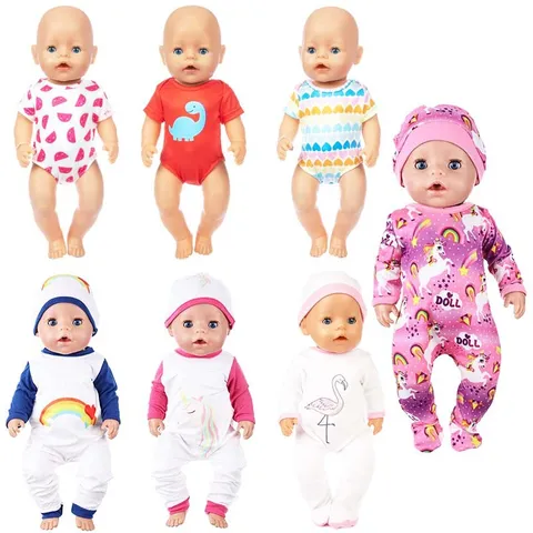 Doll Clothing Set With Hat For 45cm Doll Cartoon Unicorn Rainbow Flamingo Printed Romper Clothes For Children Doll Outfit Accessories