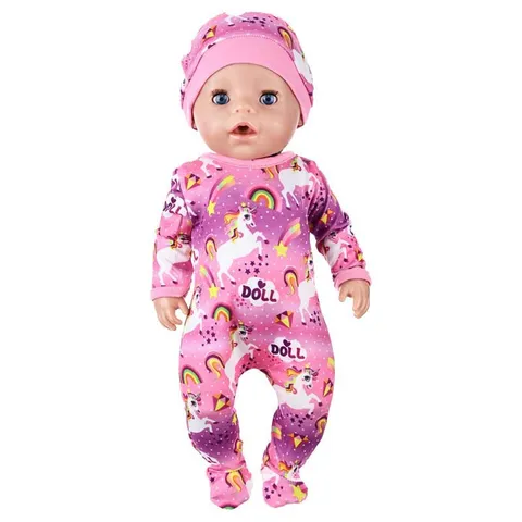 Doll Clothing Set With Hat For 45cm Doll Cartoon Unicorn Rainbow Flamingo Printed Romper Clothes For Children Doll Outfit Accessories