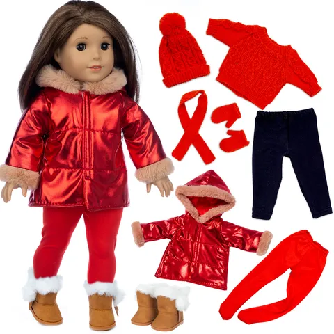 Süße Puppenkleidung Winter Daunenjacke Set Weihnachten Outfits Anzug Mit Stiefeln Rucksack Reise Zubehör Für 18 Zoll Mädchen Puppen Spielzeug