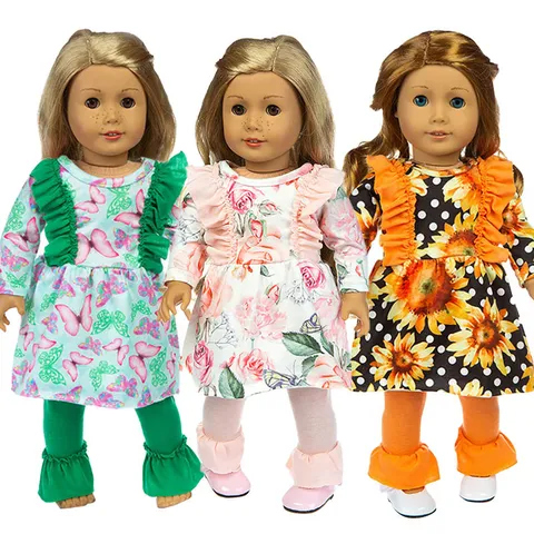 Fabric Printed Doll Clothes Ruffle Dress And Pants Set For 18 Inch Girl Dolls Reborn Baby Doll Accessories Cute Casual Outfit