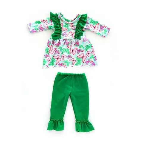 Fabric Printed Doll Clothes Ruffle Dress And Pants Set For 18 Inch Girl Dolls Reborn Baby Doll Accessories Cute Casual Outfit
