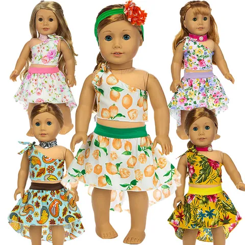 Pastoral Stoff Blumen Zitrone Puppenkleidung Zubehör One Shoulder Top Asymmetrischer Rock Set Für Zoll Mädchen Puppen Kinder Spielzeug