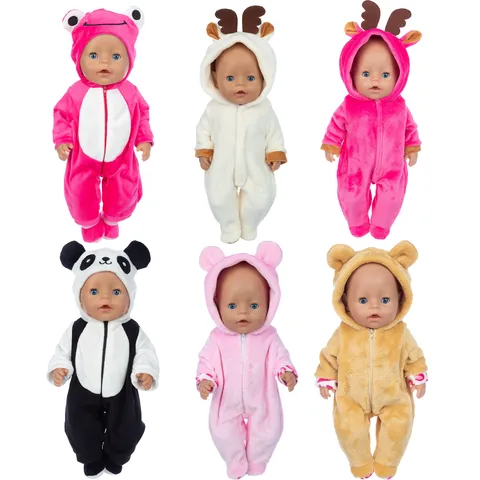 Cartoon Tier Plüsch Puppenkleidung Kapuzen Strampler Outfit Mit Schuhen Für Amerikanisches Mädchen Puppe Puppenzubehör