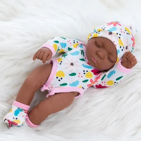 Realistic Reborn Black Baby Doll Soft Vinyl Newborn Doll With Floral Jumpsuit Hat Socks Set For Kids Girls Dress Up Party Toy Gift