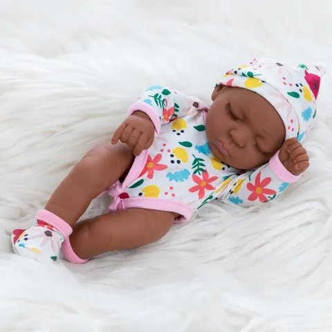 Realistic Reborn Black Baby Doll Soft Vinyl Newborn Doll With Floral Jumpsuit Hat Socks Set For Kids Girls Dress Up Party Toy Gift