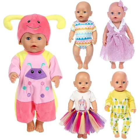 Stoff Puppenkleidung Für 18 Zoll Mädchen Puppe Outfits Bunte Einhorn Ananas Gestreiftes Kleid Romper Sets Mode Accessoires