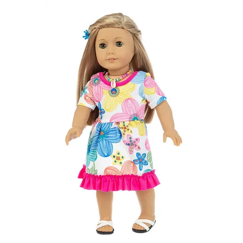Blumen Feder Druck Puppenbekleidung Zubehör Für American Girl Sommer Puppenkleid Outfit Set Dekorative Puppenkleidung