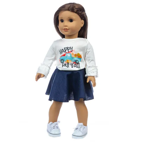 Doll Clothes Set Top And Bottom For Large Girl Dolls Cotton Blend Denim Autumn Truck Pumpkin Print Outfit Casual Wear