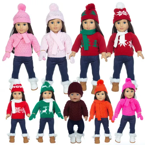 Weihnachten Puppenkleidung Gestricktes Pullover Set Mit Mütze Schal Für Puppen Festliches Schneeflocken Rentier Muster Spielzeug Zubehör
