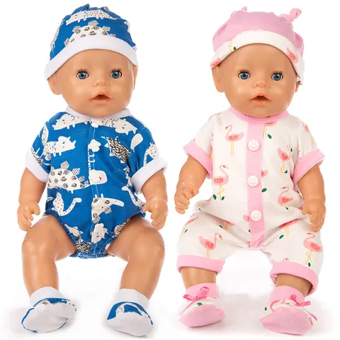Cute Fabric Doll Clothes Jumpsuit Set With Hat Shoes For Eighteen Inch Girl Dolls Cartoon Flamingo Dinosaur Print Kids Pretend Play Doll Accessories
