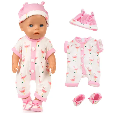 Cute Fabric Doll Clothes Jumpsuit Set With Hat Shoes For Eighteen Inch Girl Dolls Cartoon Flamingo Dinosaur Print Kids Pretend Play Doll Accessories