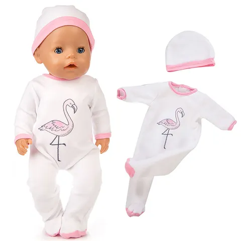 Cartoon Tiermuster Weißer Strampler Und Hut Set Stoff Puppenkleidung Für Große Puppen Flamingo Einhorn Druck Zubehör