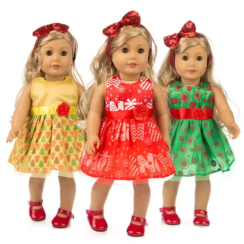 Weihnachten 18 Zoll Puppenkleidung Schneeflocke Baum Druck Kleid Pailletten Bogen Stirnband Outfit Für American Girl Puppe Zubehör