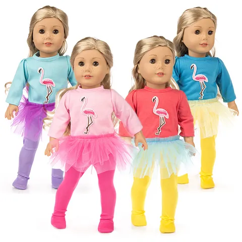 Zoll Mädchen Puppenkleidung Flamingo Stickerei Top Tutu Rock Leggings Set Für Puppenzubehör