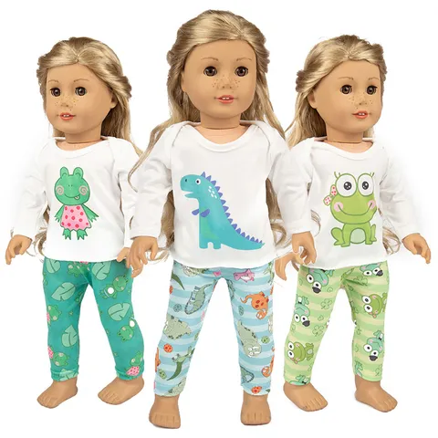 Cartoon Puppenkleidung Set Dinosaurier Frosch Bedrucktes T-Shirt Und Hose Für Achtzehn Zoll American Girl Puppen Zubehör Kleidung