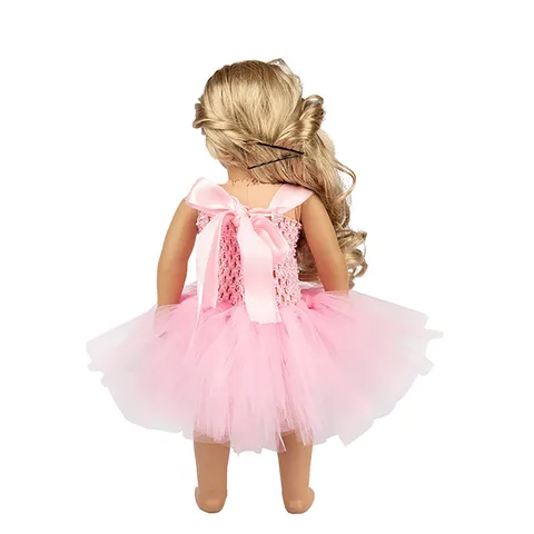 Handgemaakte 18 Inch Poppenkleding Roze Prinses Outfit Gaas Tutu Rok Gehaakte Top Hoofdband Voor American Girl Poppen Accessoires