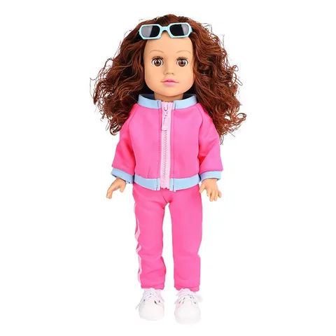 18 Inch Brown Curly Hair Girl Doll Vinyl Play Doll With Sporty Outfit Fashion Accessories Kids Toy Gift