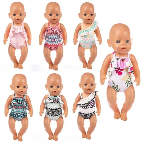 Sommer Puppen Badebekleidung Für 45cm Puppen Rüschen Neckholder Badeanzug Outfits Geometrisch Floral Puppenkleidung Zubehör